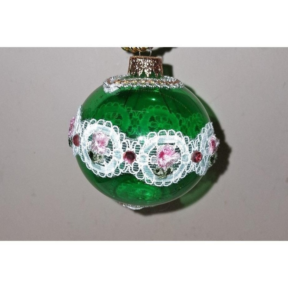 Vintage West Germany Lace Christmas Ornament Green Glass Ball 2.5" Handmade